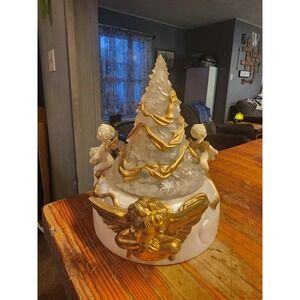 Vintage‎ Lighted Revolving White And Gold Christmas Tree Music Box With Cherubs